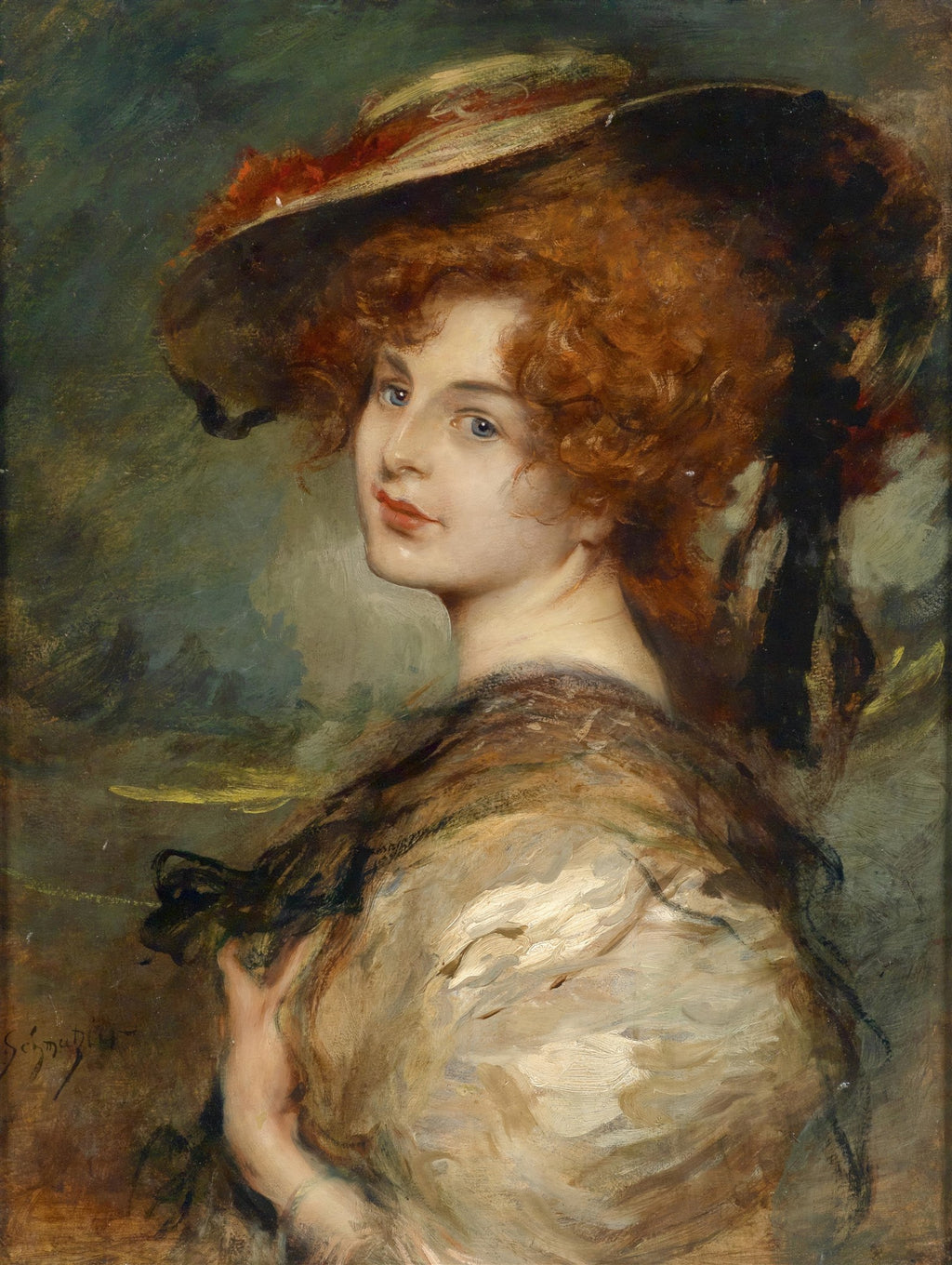Retrato de uma jovem mulher ruiva com olhos azuis e chapéu grande, pintada por Leopold Schmutzler, em estilo realista e cores quentes.