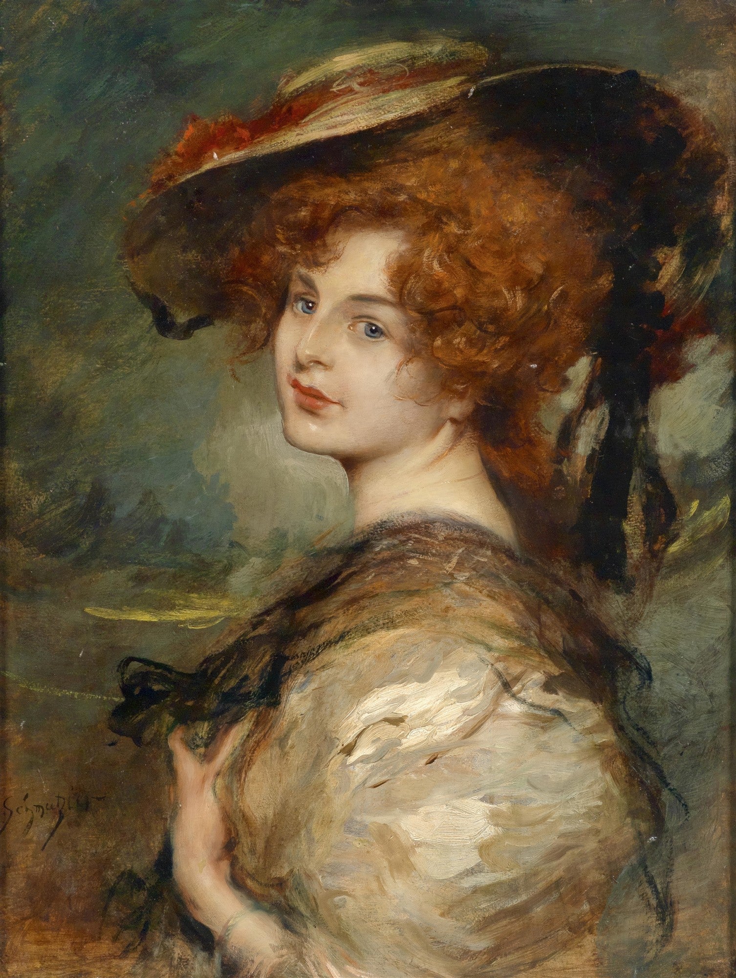 Retrato de uma jovem mulher ruiva com olhos azuis e chapéu grande, pintada por Leopold Schmutzler, em estilo realista e cores quentes.
