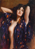 Retrato de uma mulher com quimono roxo e detalhes alaranjados, braços levantados atrás da cabeça, olhando para frente com um sorriso sutil, atribuída a Leopold Schmutzler. Obra com pinceladas expressivas e fundo escuro.
