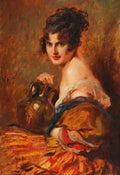 Retrato de uma jovem mulher com cabelos escuros ondulados e lábios vermelhos, com um jarro de barro ao seu lado, em tons quentes de marrom e laranja. A jovem tem um olhar direto e envolvente. Obra de Leopold Schmutzler.