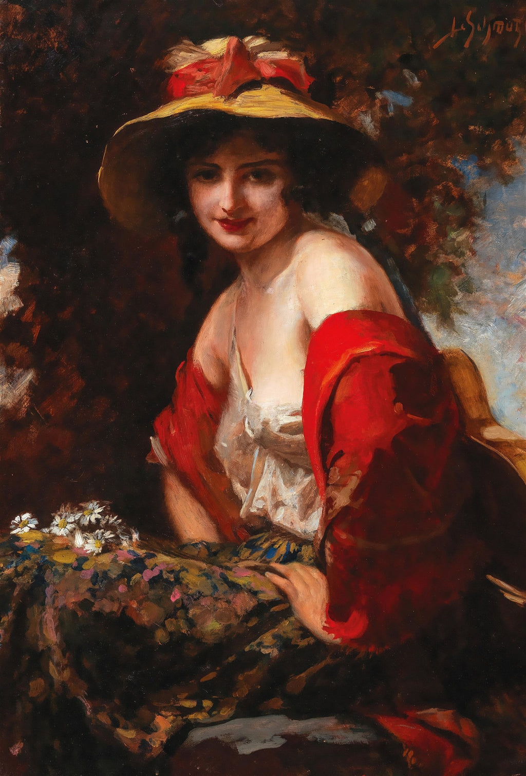 Retrato de uma jovem sorridente, com chapéu de palha e laço vermelho, ombros nus, xale vermelho vibrante e saia estampada, com margaridas ao lado. Estilo clássico com pinceladas expressivas.