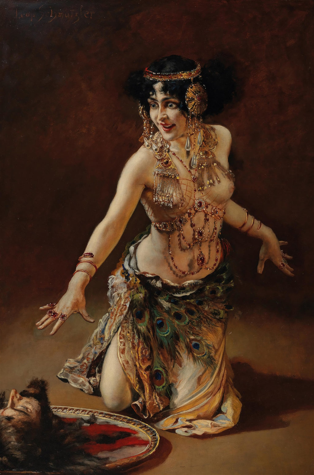 Quadro decorativo com a pintura 'Salomé com a Cabeça de João Batista' de Leopold Schmutzler, representando uma mulher ricamente adornada com joias, com uma expressão de surpresa ou triunfo, ajoelhada ao lado de uma bandeja com uma cabeça decapitada.
