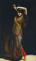 Quadro decorativo "A Dançarina Cigana" de Leopold Schmutzler, representando uma mulher sorridente em traje de dança, com xale amarelo e vermelho, com os braços erguidos e um fundo escuro.