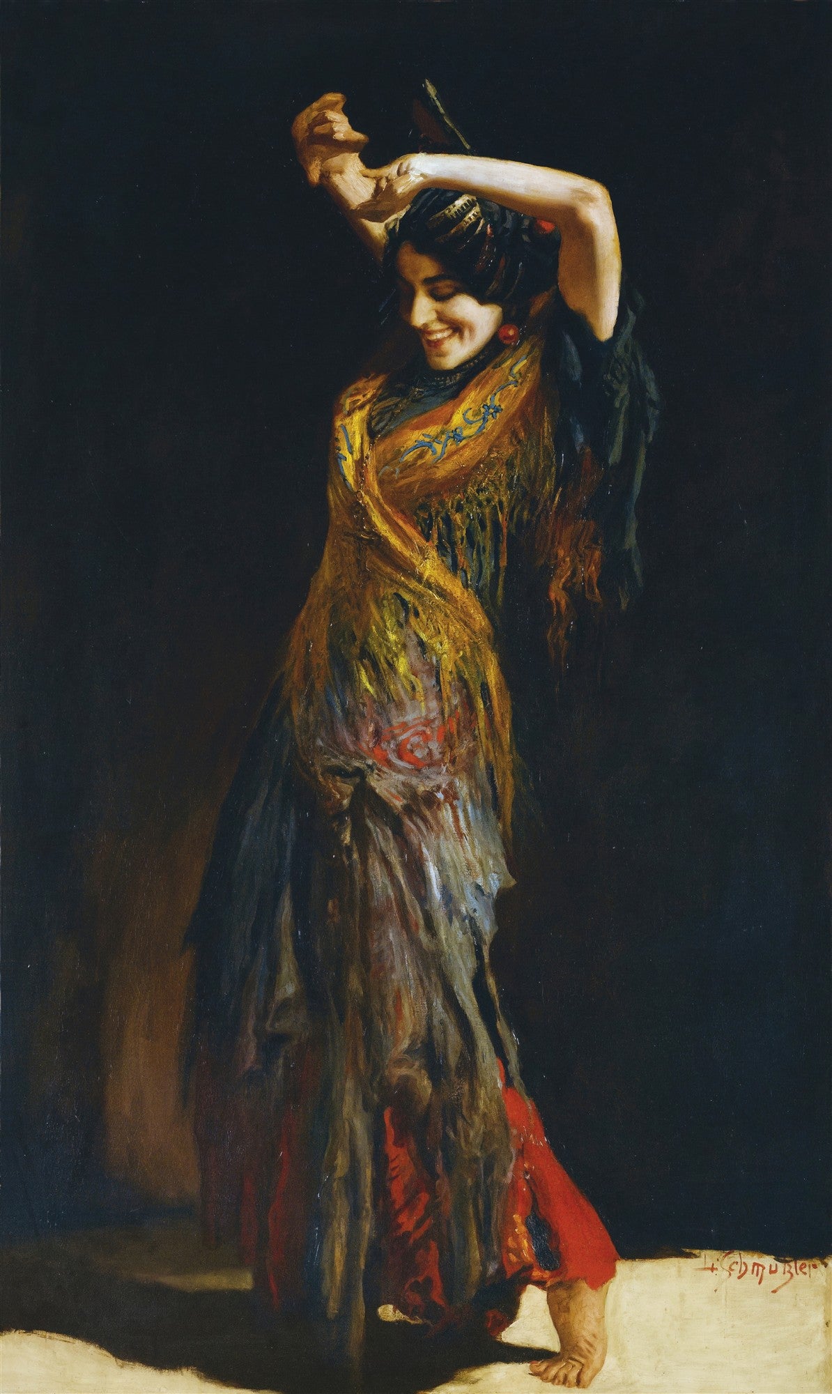 Quadro decorativo "A Dançarina Cigana" de Leopold Schmutzler, representando uma mulher sorridente em traje de dança, com xale amarelo e vermelho, com os braços erguidos e um fundo escuro.