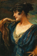 Retrato de uma mulher com cabelo escuro e ondulado, vestindo um vestido azul profundo e drapeado, olhando para o lado com uma expressão pensativa. A iluminação destaca seu perfil e a textura do tecido.