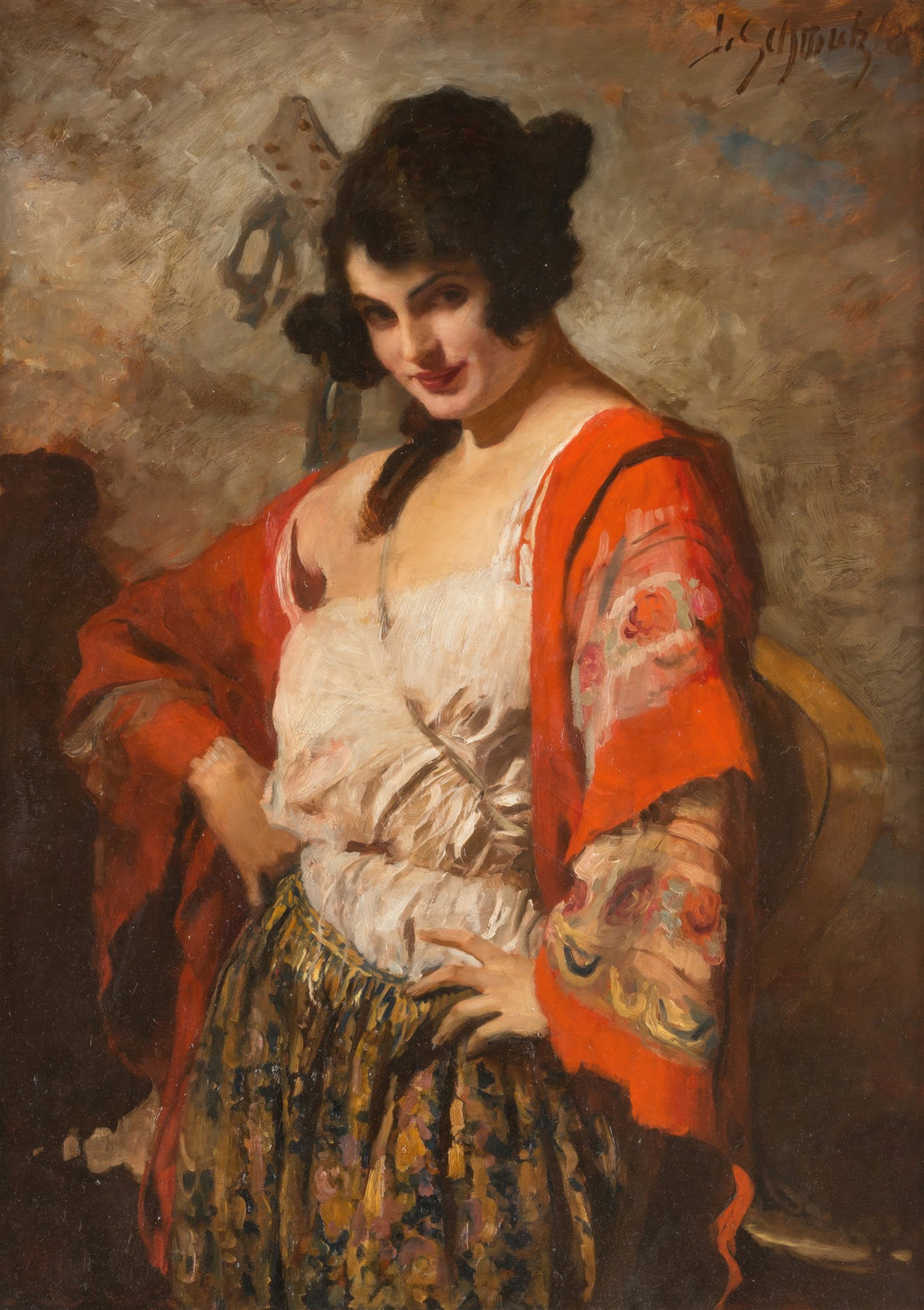 Retrato em óleo de uma mulher morena, com um lenço vermelho brilhante e saia estampada, olhando para o espectador com um sorriso enigmático. Assinatura do artista no canto superior direito.
