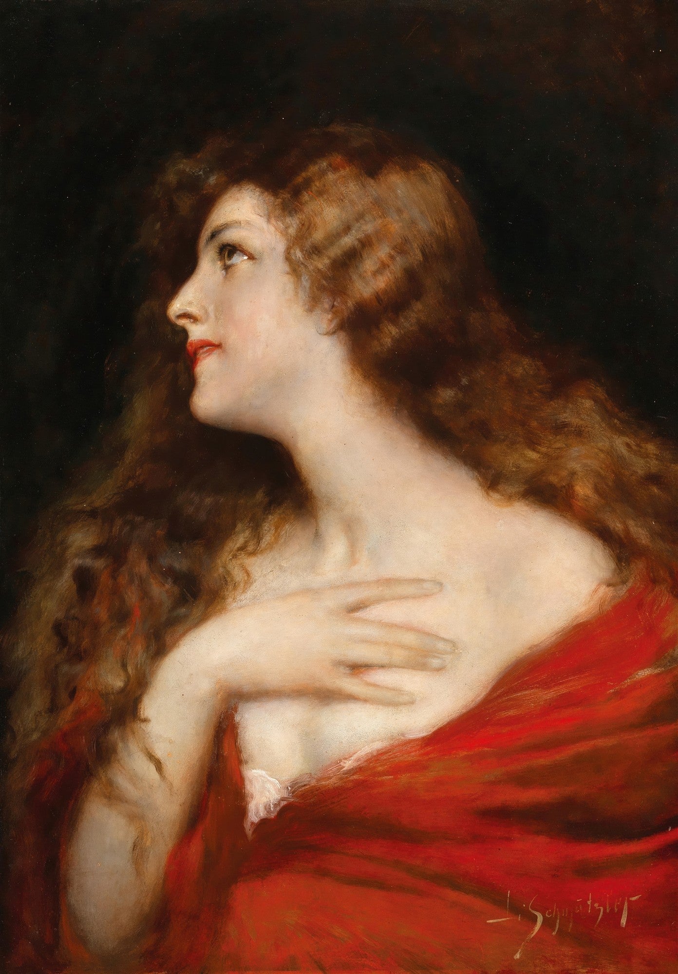 Quadro decorativo "A Dama de Vermelho" de Leopold Schmutzler, representando uma mulher de perfil, cabelos castanhos-avermelhados, lábios vermelhos e um manto escarlate sobre os ombros, com a mão direita no peito. O fundo é escuro.