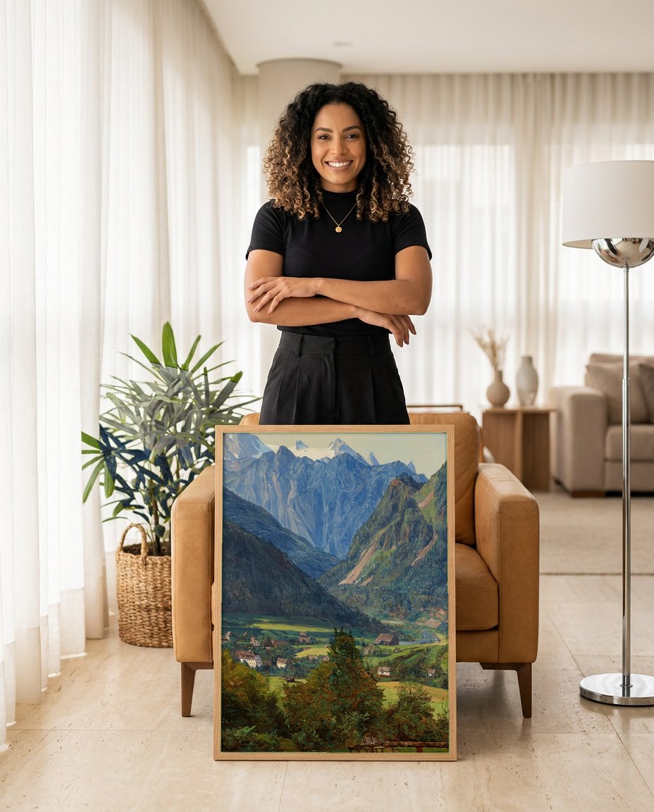 Quadro Decorativo Vale Alpino - Waldmüller com modelo em ambiente