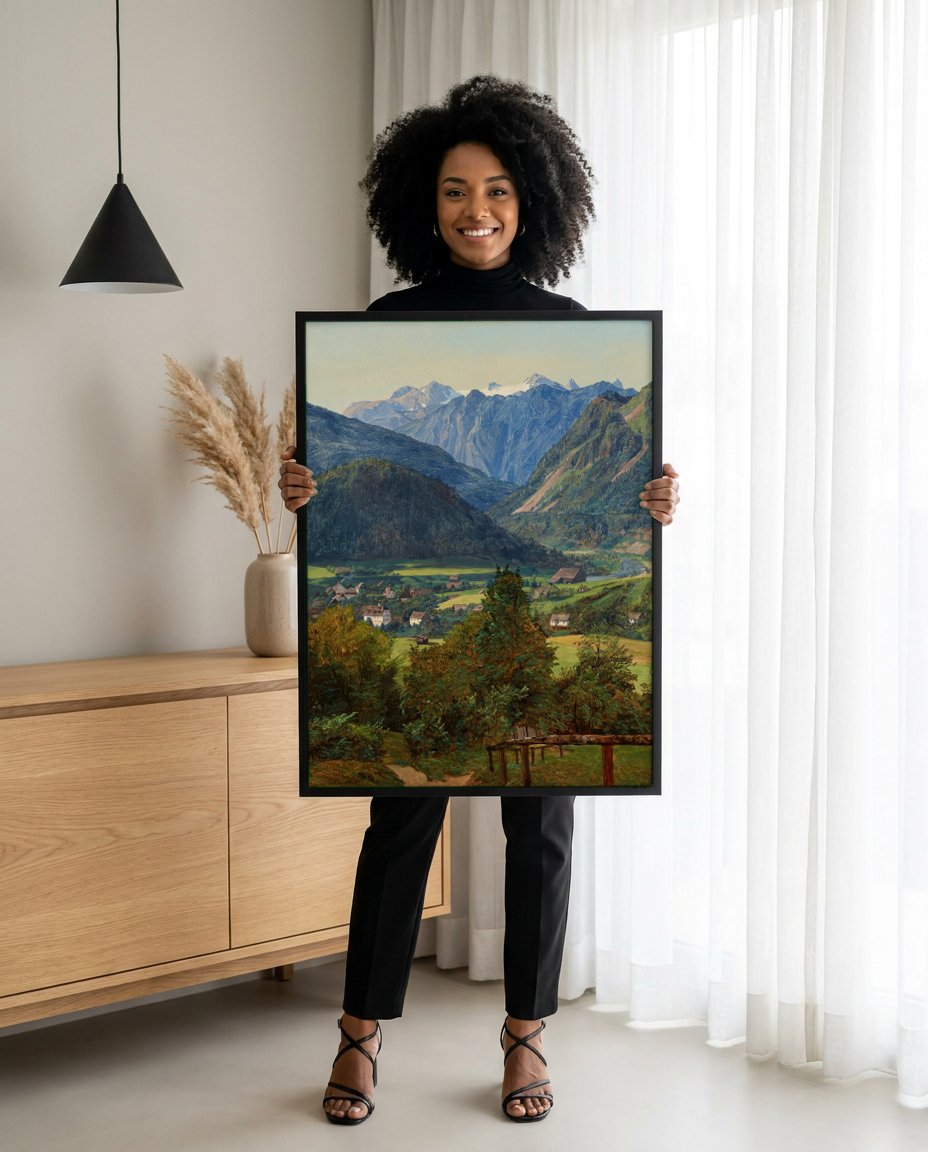 Quadro Decorativo Vale Alpino - Waldmüller com modelo em ambiente