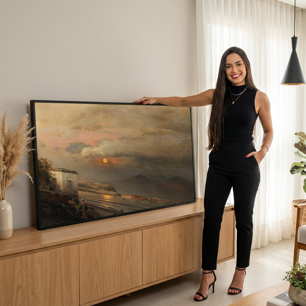 Quadro Decorativo Crepúsculo em Nápoles - Oswald Achenbach com modelo em ambiente