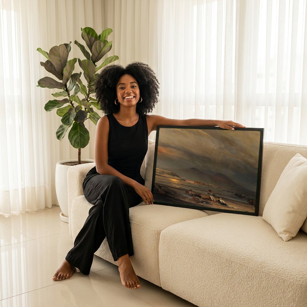 Quadro Decorativo Crepúsculo em Nápoles - Oswald Achenbach com modelo em ambiente