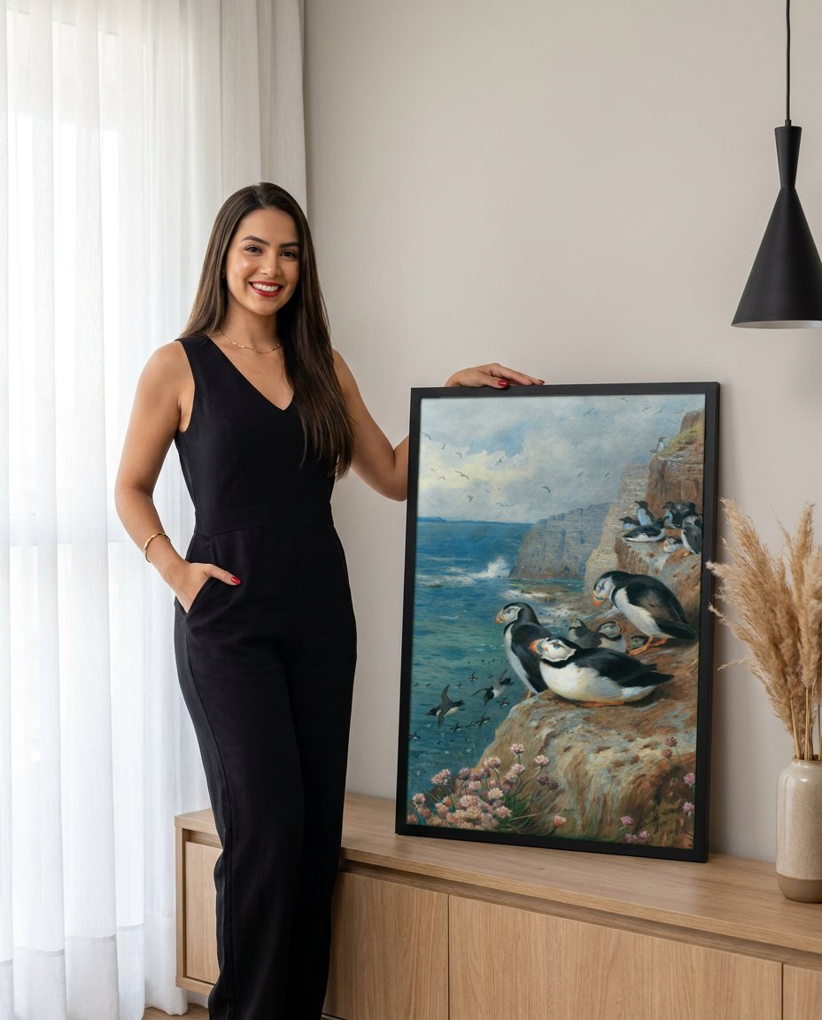 Quadro Decorativo Aves Marinhas na Falésia - Thorburn com modelo em ambiente