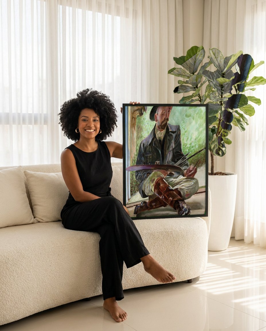 Quadro Decorativo Autorretrato com Paleta - Jacek Malczewski com modelo em ambiente