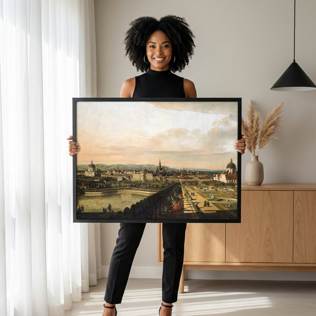 Quadro Decorativo 'Vista de Viena' - Canaletto com modelo em ambiente