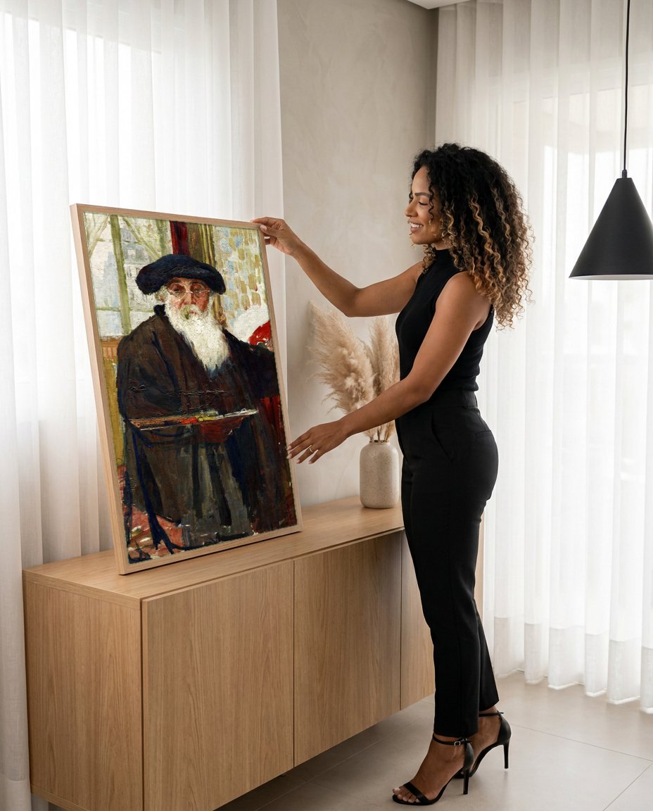 Quadro Decorativo Autorretrato com Paleta - Camille Pissarro com modelo em ambiente