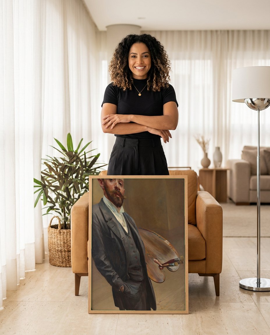 Quadro Decorativo Autorretrato com Paleta - Jacek Malczewski com modelo em ambiente