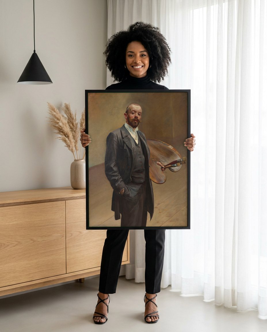 Quadro Decorativo Autorretrato com Paleta - Jacek Malczewski com modelo em ambiente