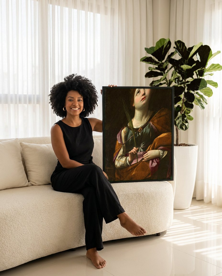 Quadro Decorativo Santa Catarina de Alexandria - Guido Reni com modelo em ambiente