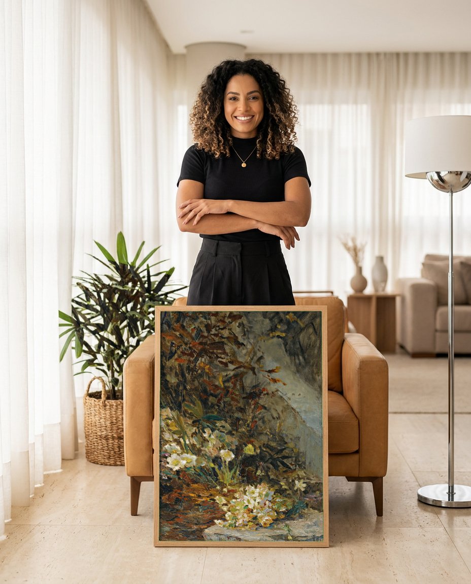 Quadro Decorativo Flores de Inverno - Olga Wisinger-Florian com modelo em ambiente