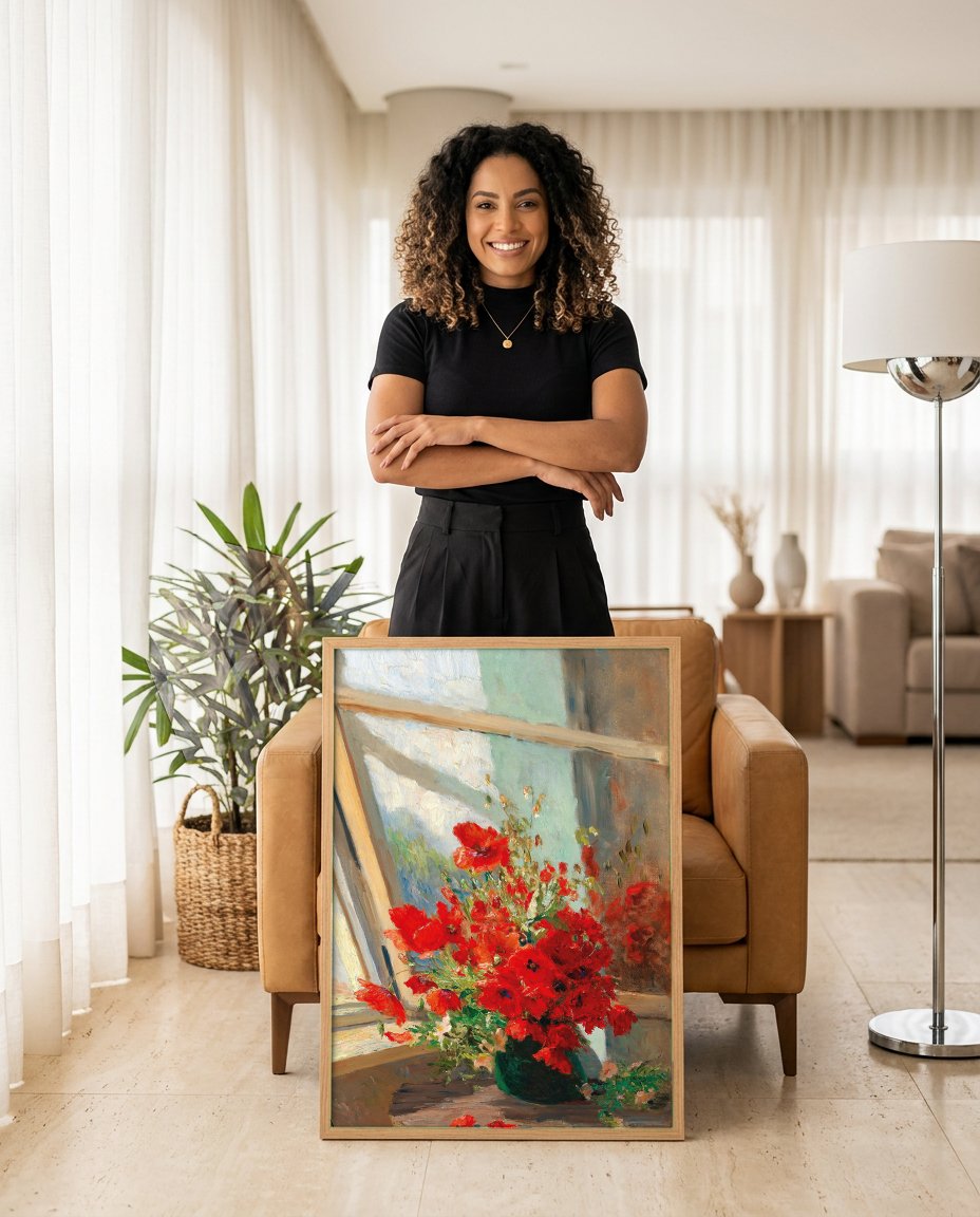Quadro Decorativo Papoulas à Janela - Olga Wisinger-Florian com modelo em ambiente