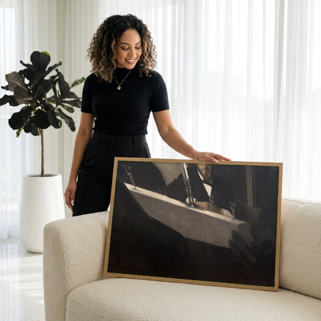 Quadro Decorativo A Grande Reunião - Vilhelm Hammershøi com modelo em ambiente