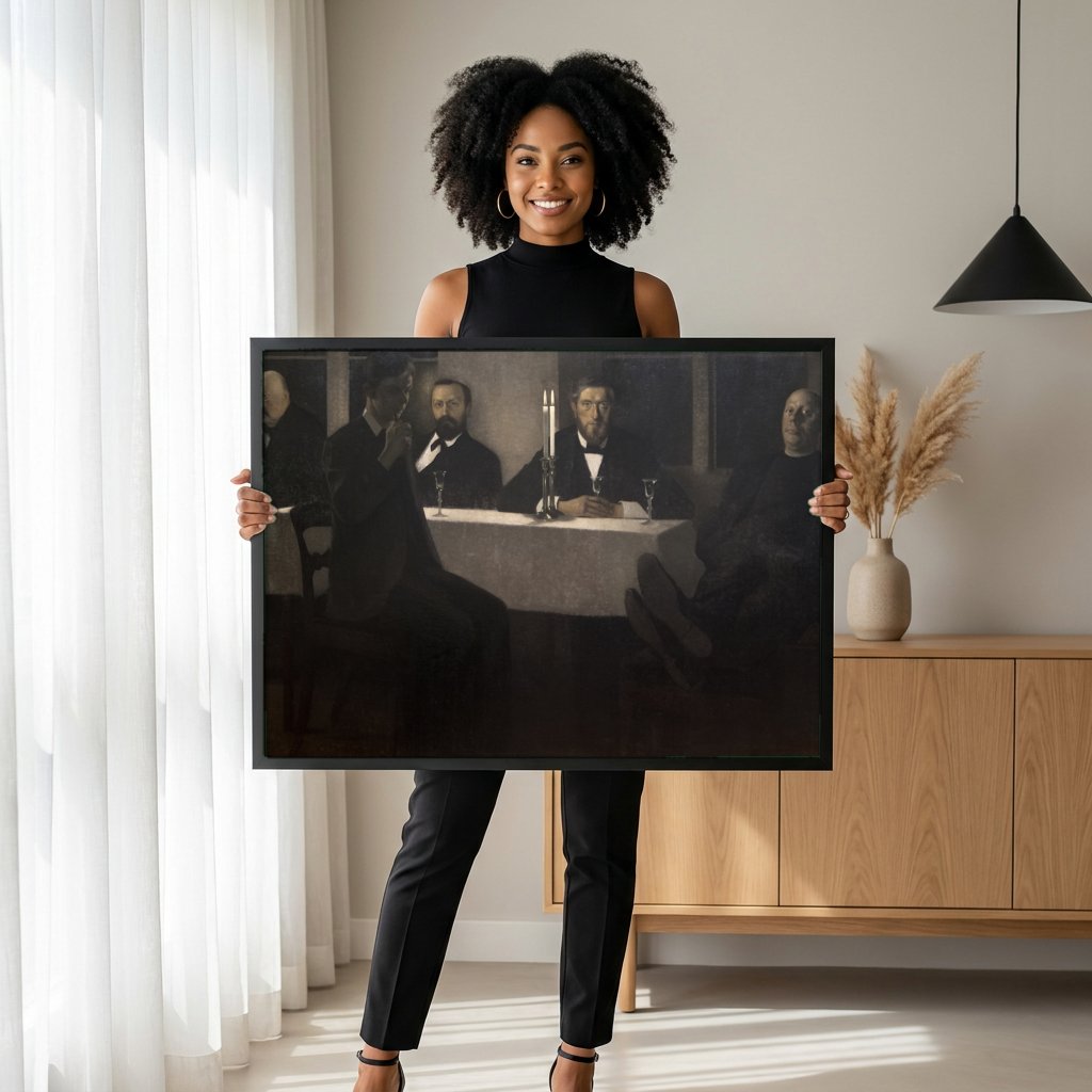 Quadro Decorativo A Grande Reunião - Vilhelm Hammershøi com modelo em ambiente