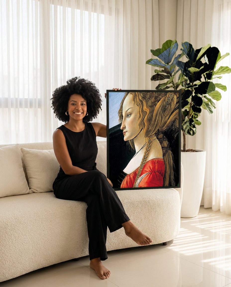 Quadro Decorativo Retrato de Jovem Mulher - Botticelli com modelo em ambiente