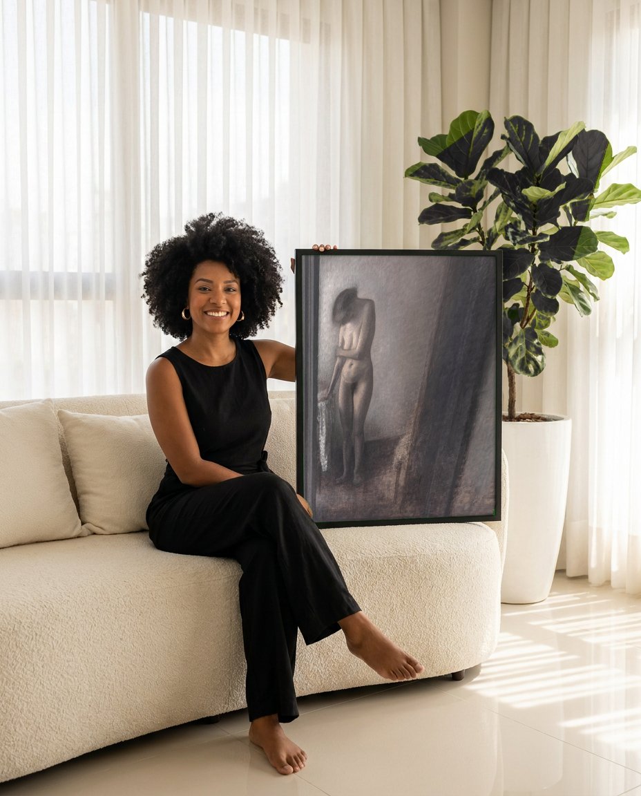 Quadro Decorativo Nudez Enigmática - Vilhelm Hammershøi com modelo em ambiente