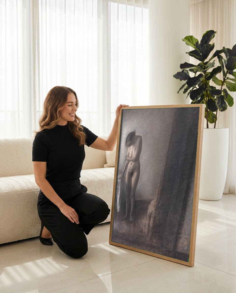 Quadro Decorativo Nudez Enigmática - Vilhelm Hammershøi com modelo em ambiente