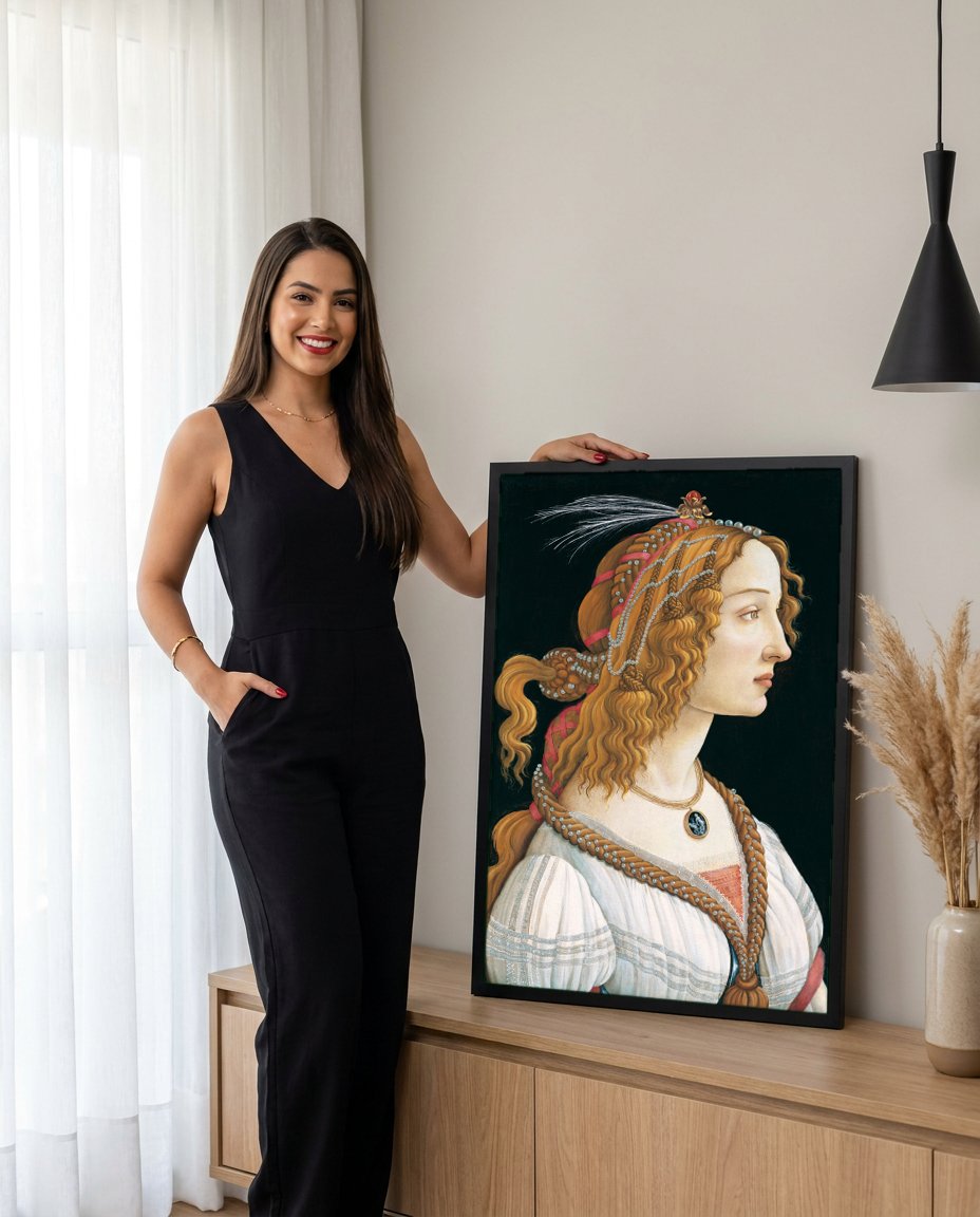 Quadro Decorativo Retrato de Jovem Mulher - Botticelli com modelo em ambiente