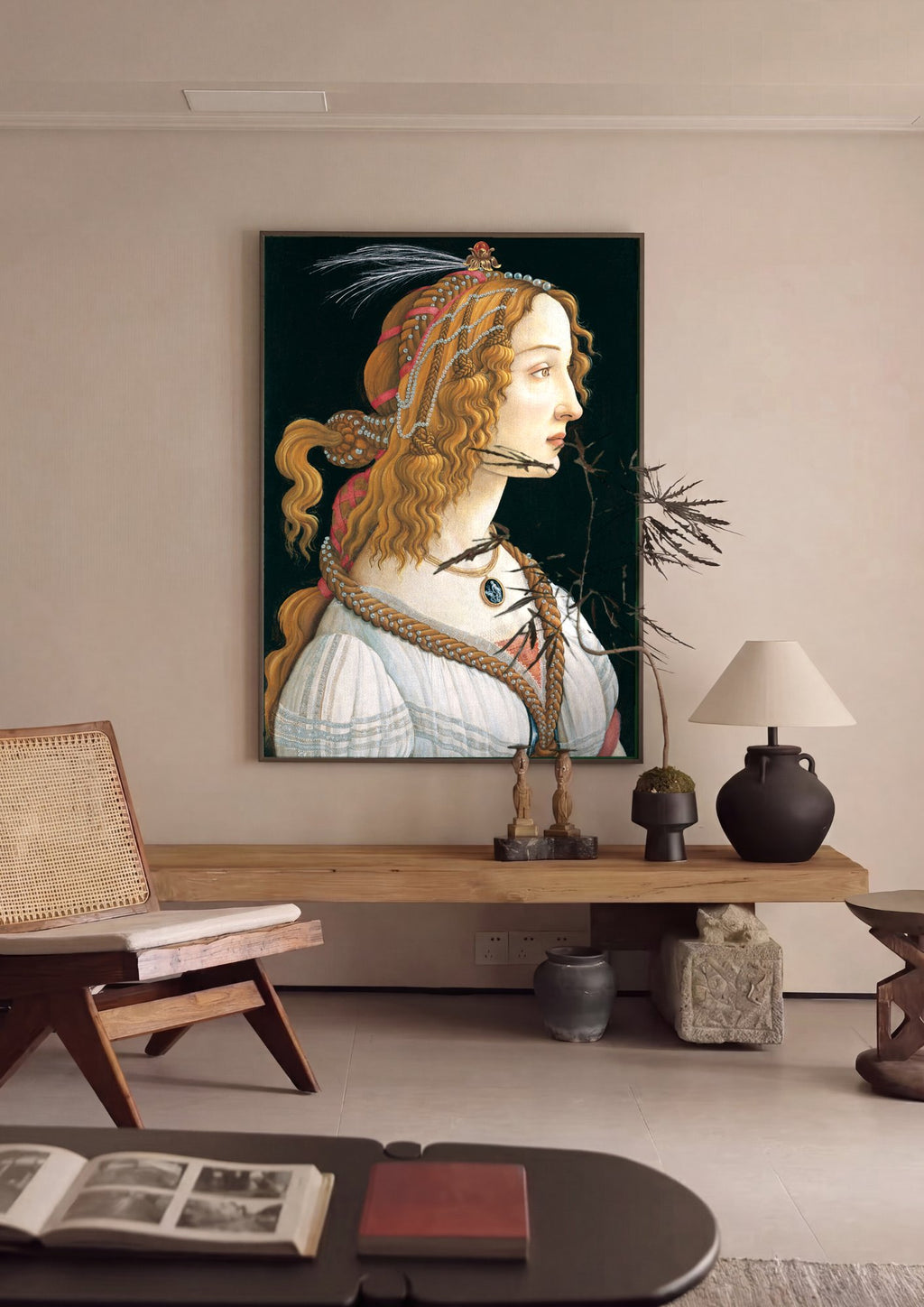 Quadro Decorativo Retrato de Jovem Mulher - Botticelli em ambiente decorado