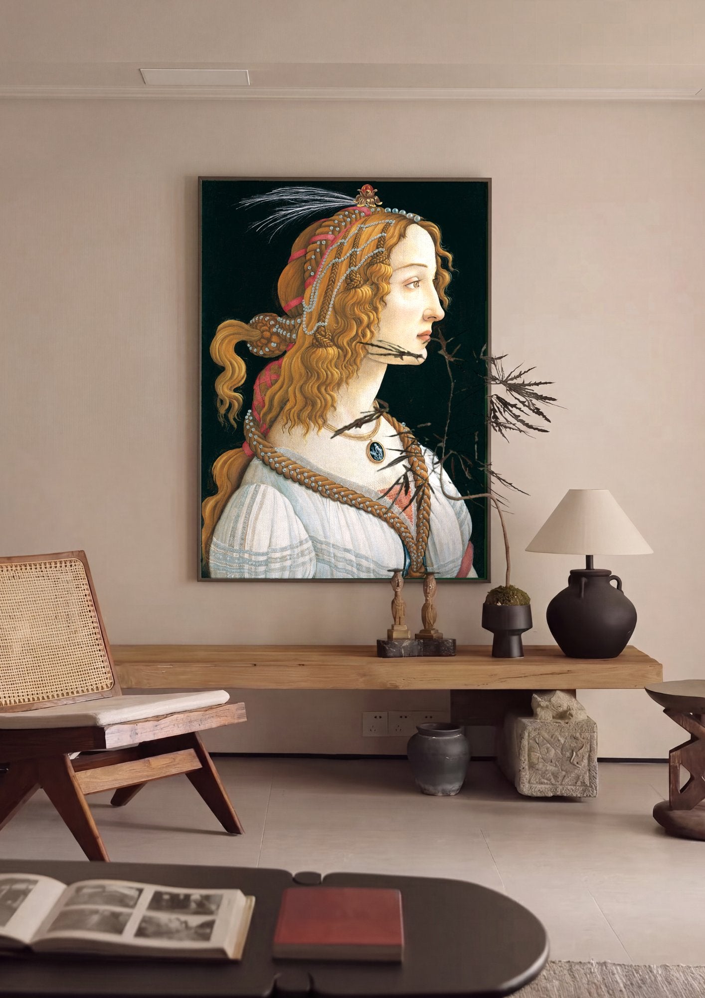 Quadro Decorativo Retrato de Jovem Mulher - Botticelli em ambiente decorado