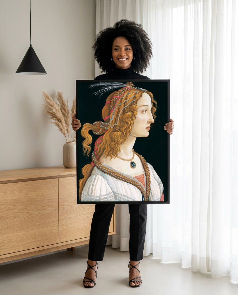 Quadro Decorativo Retrato de Jovem Mulher - Botticelli com modelo em ambiente