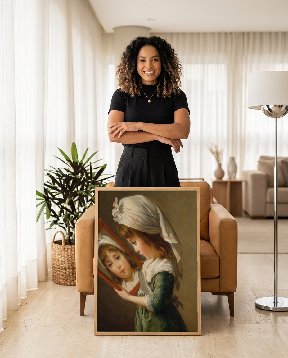Quadro Decorativo A Menina com o Espelho - Vigée Le Brun com modelo em ambiente