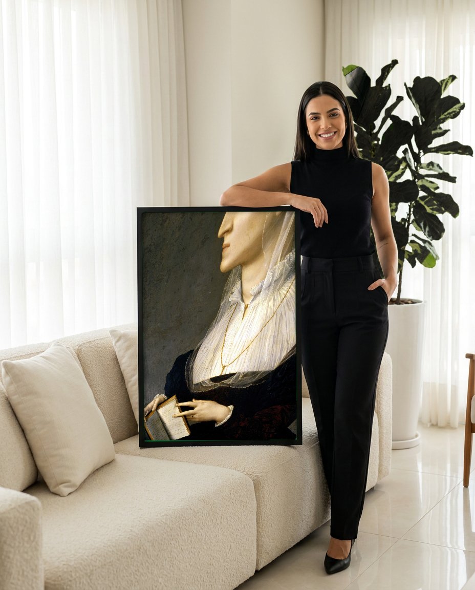Quadro Decorativo Retrato de Dama com Livro - Bronzino com modelo em ambiente