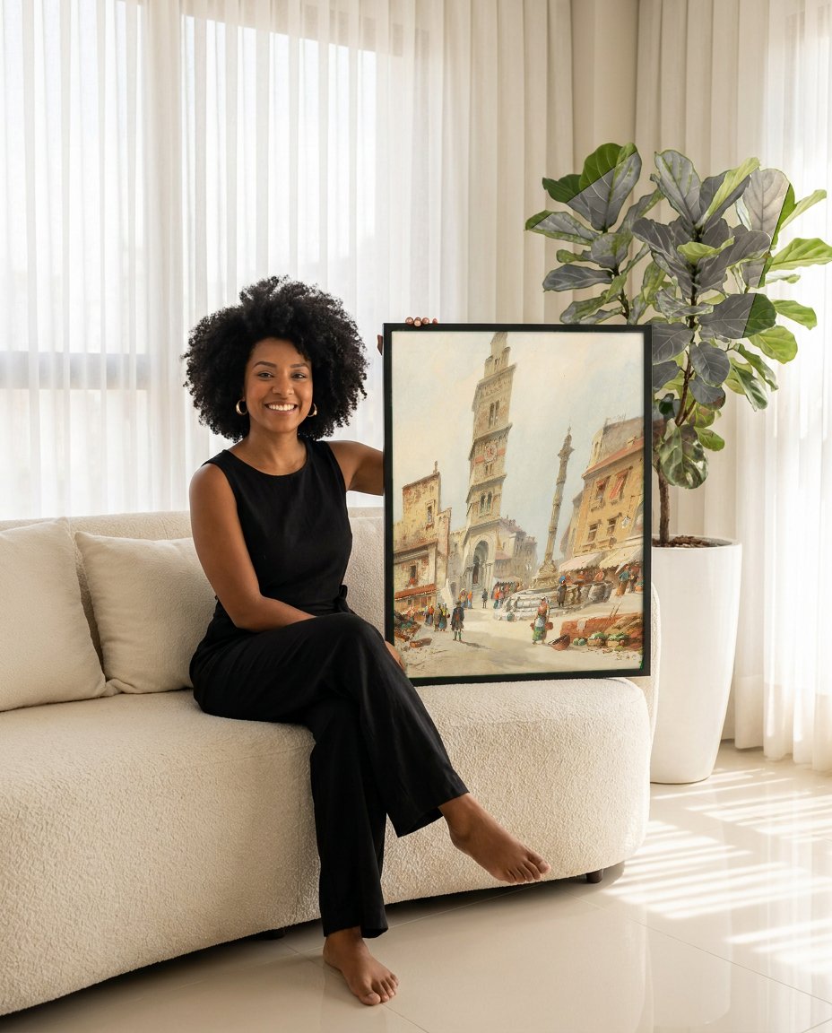 Quadro Decorativo Cena de Mercado Italiano - Karl Kaufmann com modelo em ambiente