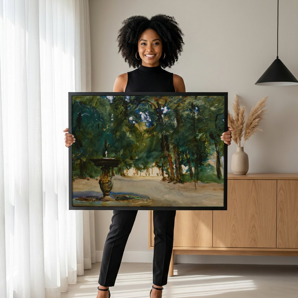 Quadro Decorativo Fonte em Jardim Italiano - John Singer Sargent com modelo em ambiente