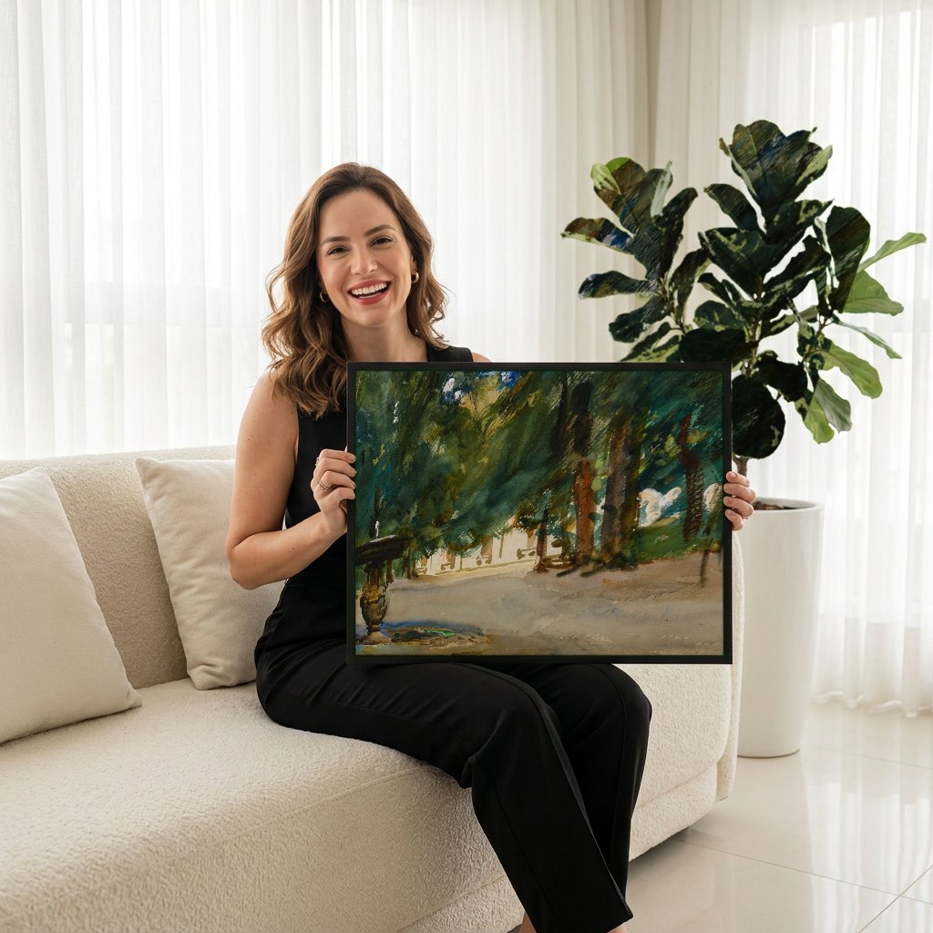 Quadro Decorativo Fonte em Jardim Italiano - John Singer Sargent com modelo em ambiente