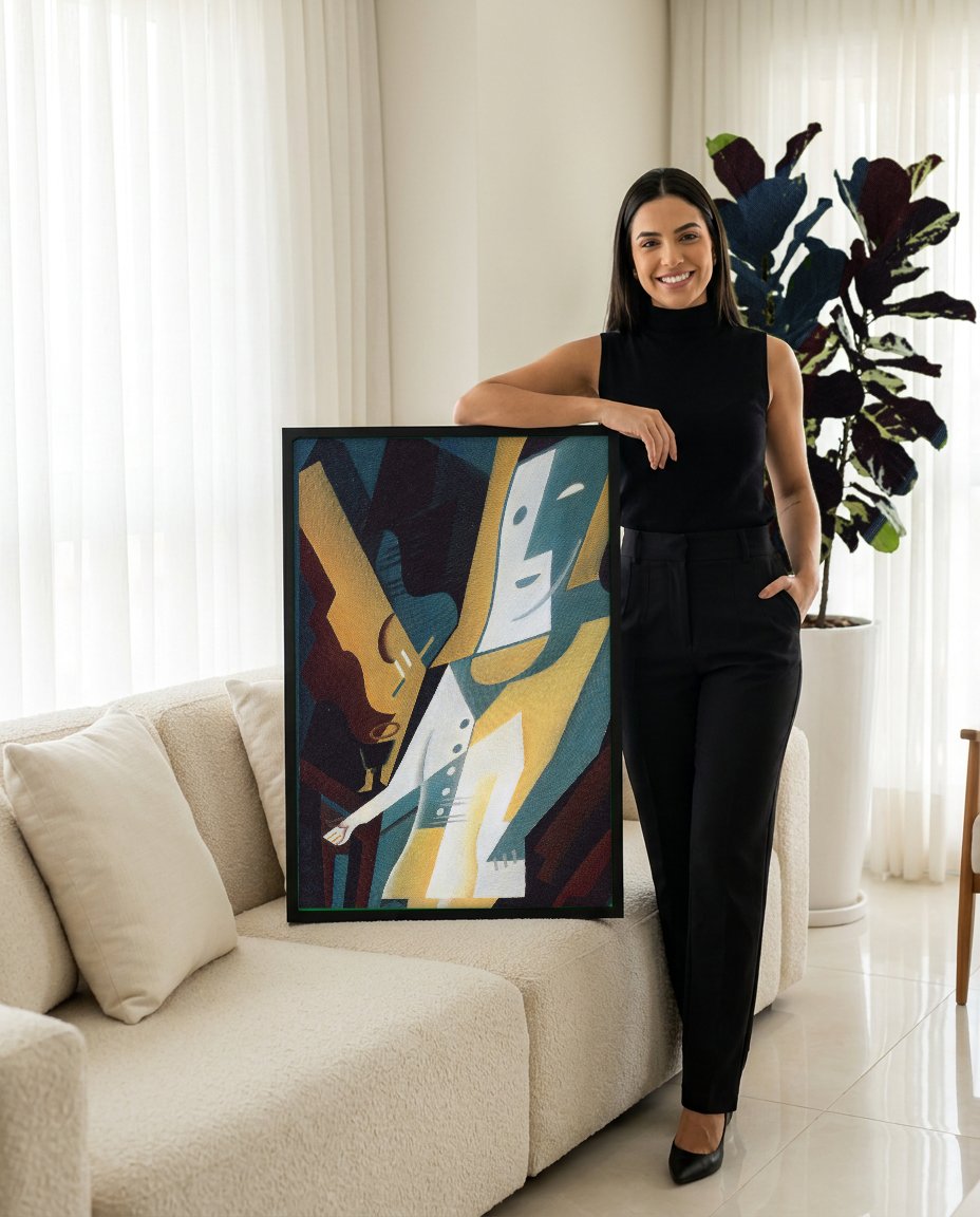 Quadro Decorativo A Mulher com Bandolim - Juan Gris com modelo em ambiente
