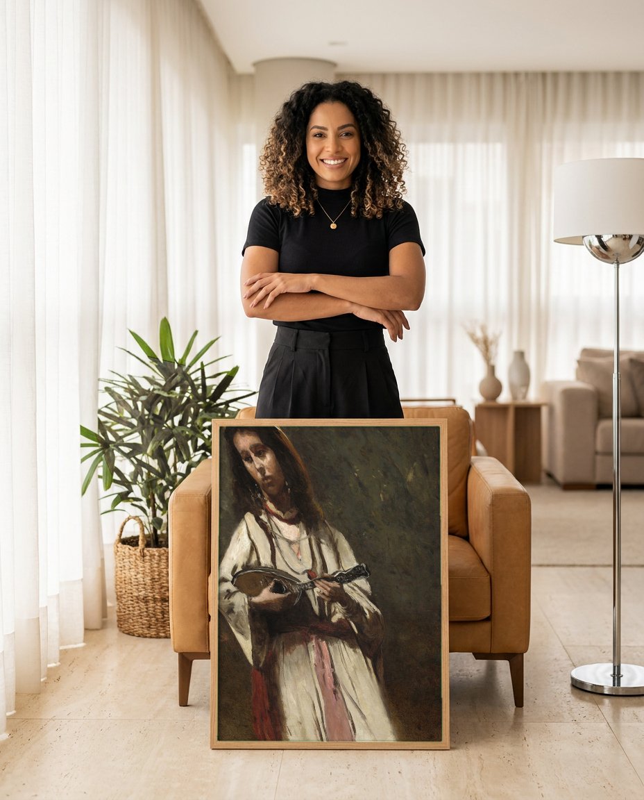 Quadro Decorativo A Cigana com Bandolim - Corot com modelo em ambiente