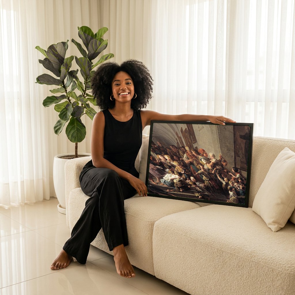 Quadro Decorativo A Distribuição de Alimentos - Ferdinand Georg Waldmüller com modelo em ambiente