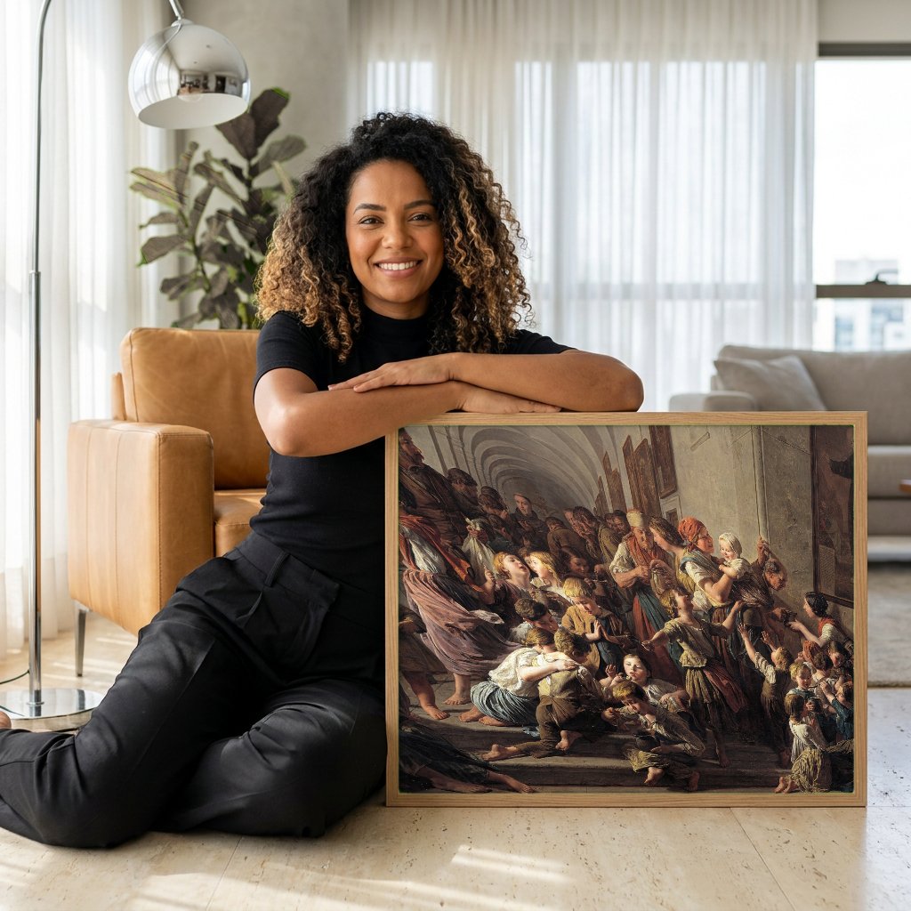 Quadro Decorativo A Distribuição de Alimentos - Ferdinand Georg Waldmüller com modelo em ambiente