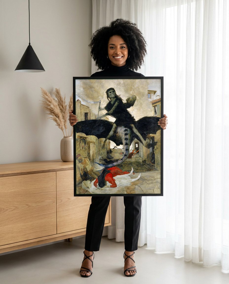 Quadro Decorativo A Peste - Arnold Böcklin com modelo em ambiente