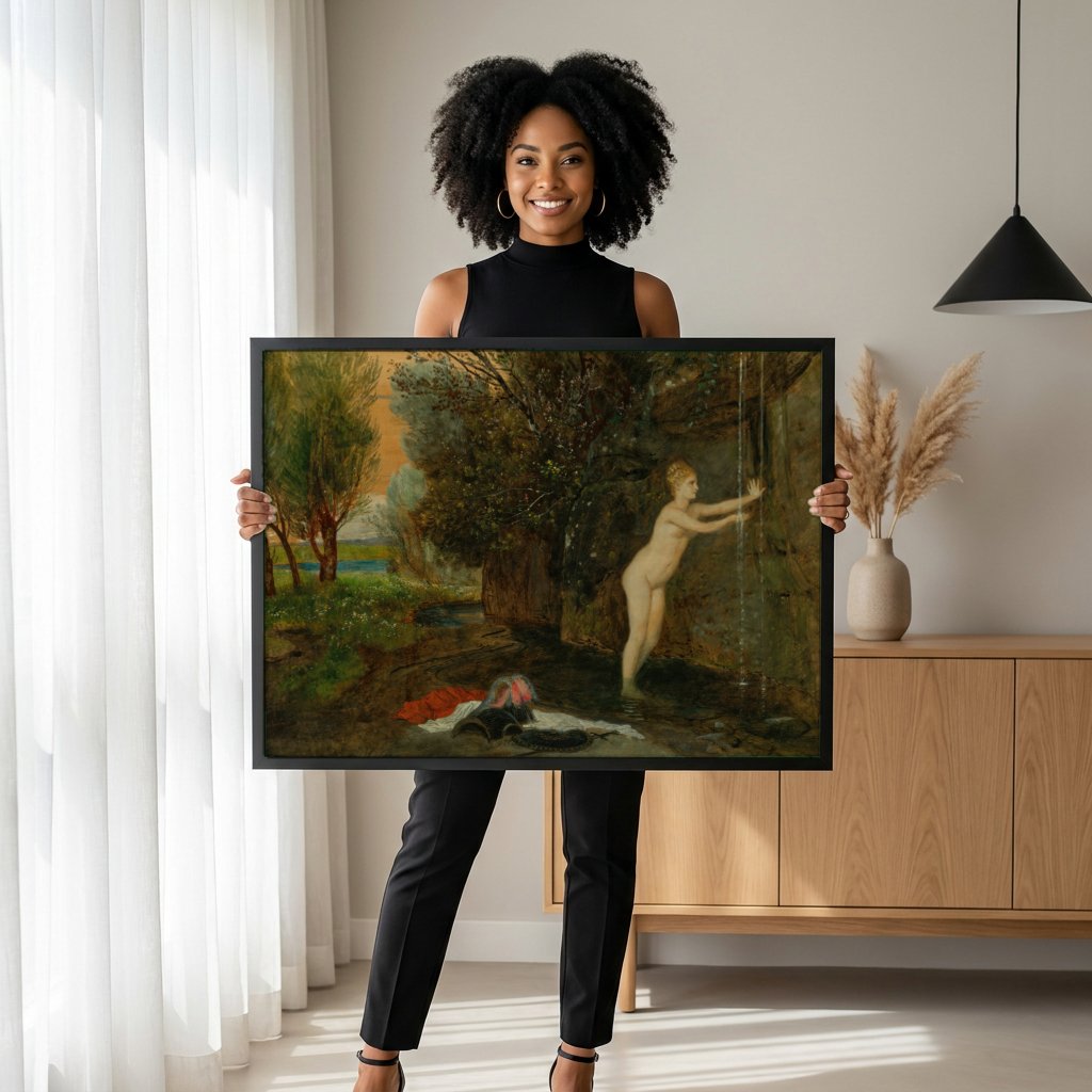Quadro Decorativo A Fonte - Arnold Böcklin com modelo em ambiente