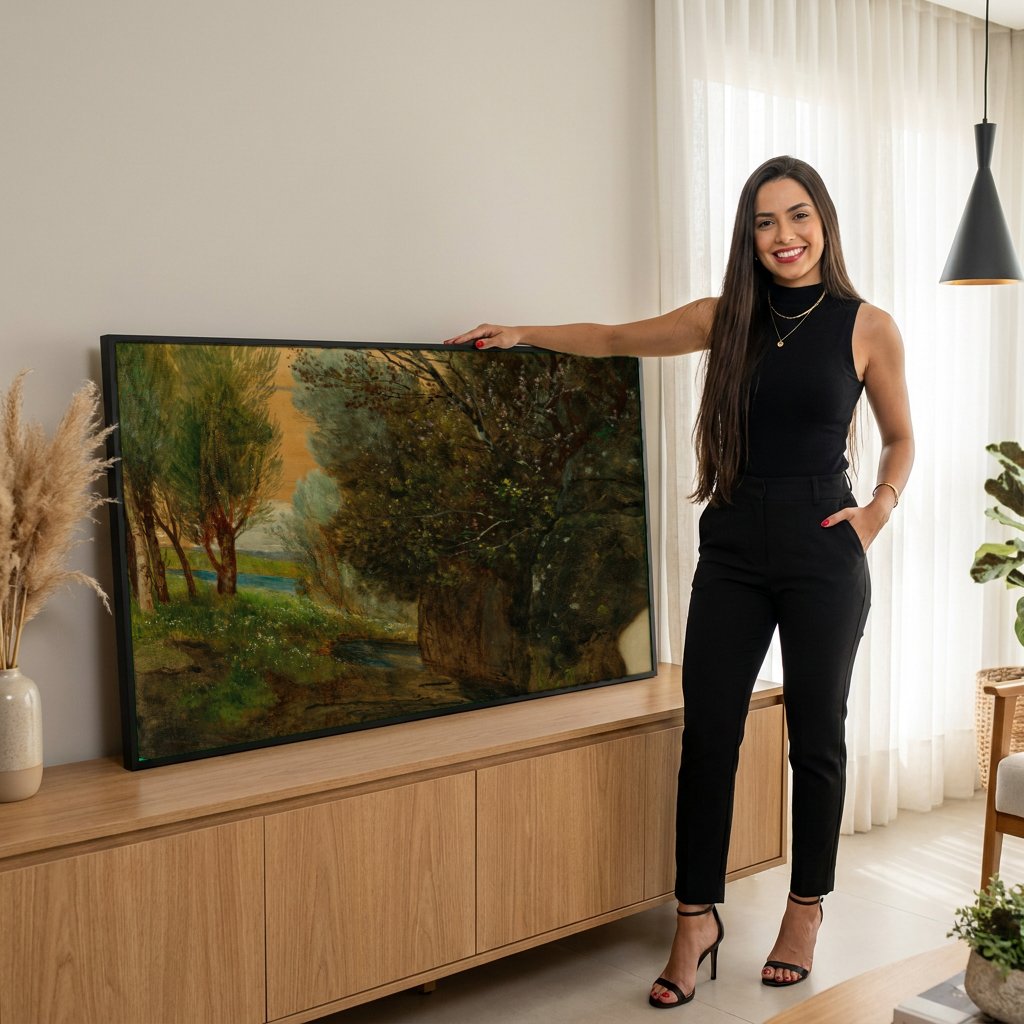 Quadro Decorativo A Fonte - Arnold Böcklin com modelo em ambiente