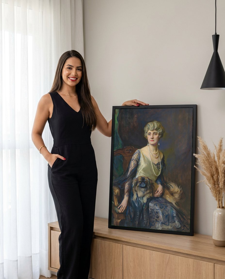 Quadro Decorativo Retrato com Cão - Philip de László com modelo em ambiente