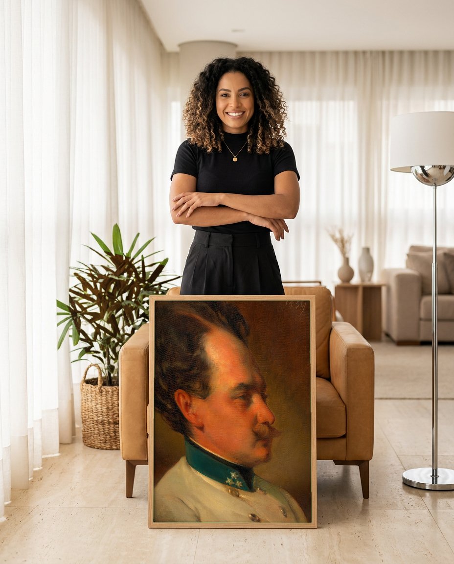 Quadro Decorativo 'Retrato de Homem Militar' - Von Amerling com modelo em ambiente