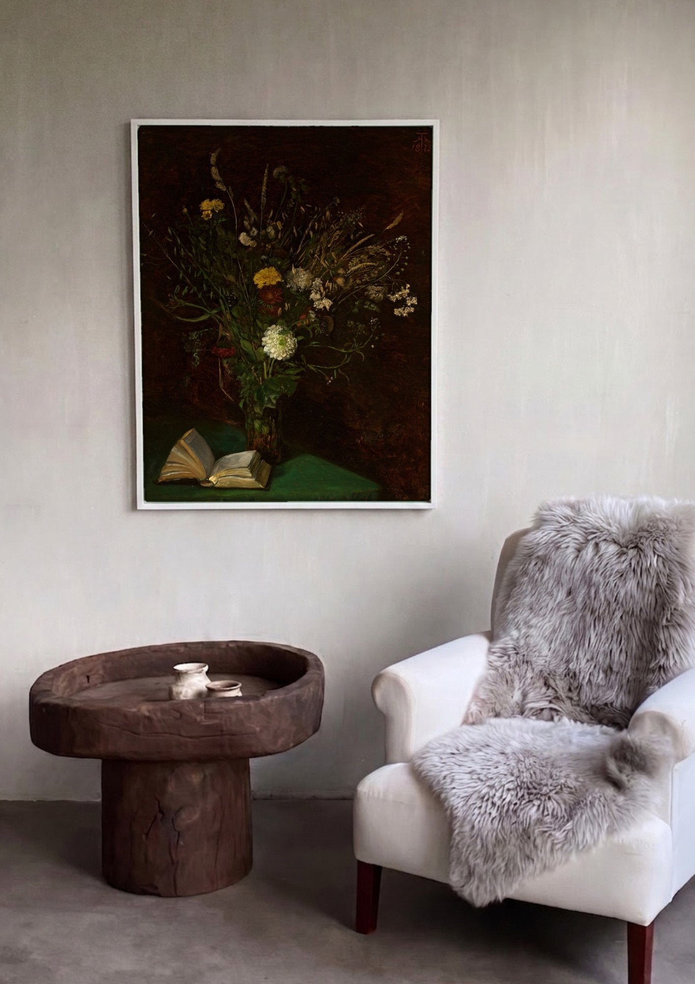 Quadro Decorativo 'Natureza Morta com Livro e Flores' - Hans Thoma em ambiente decorado