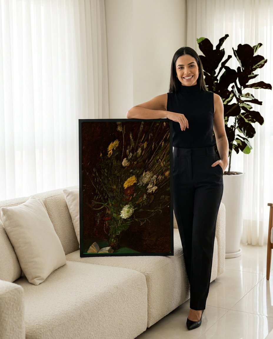 Quadro Decorativo 'Natureza Morta com Livro e Flores' - Hans Thoma com modelo em ambiente