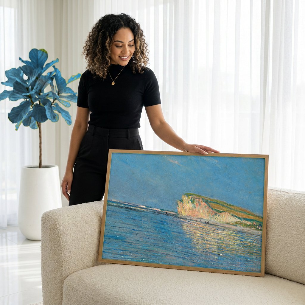Quadro Decorativo Falésias em Pourville - Claude Monet com modelo em ambiente